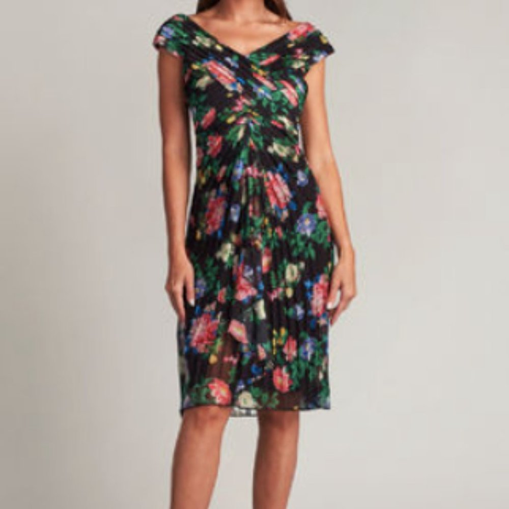 Tadashi Shoji Black Floral V-Neck Cap-Sleeve Midi Dress